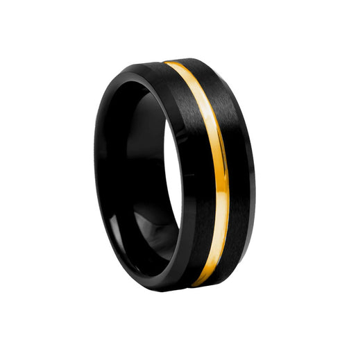 London Manori Black Tungsten Ring with Yellow Gold Grooved Center